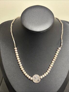 Pearlescent Freshwater Coin Quartz Pendant Necklace - Pink Beige